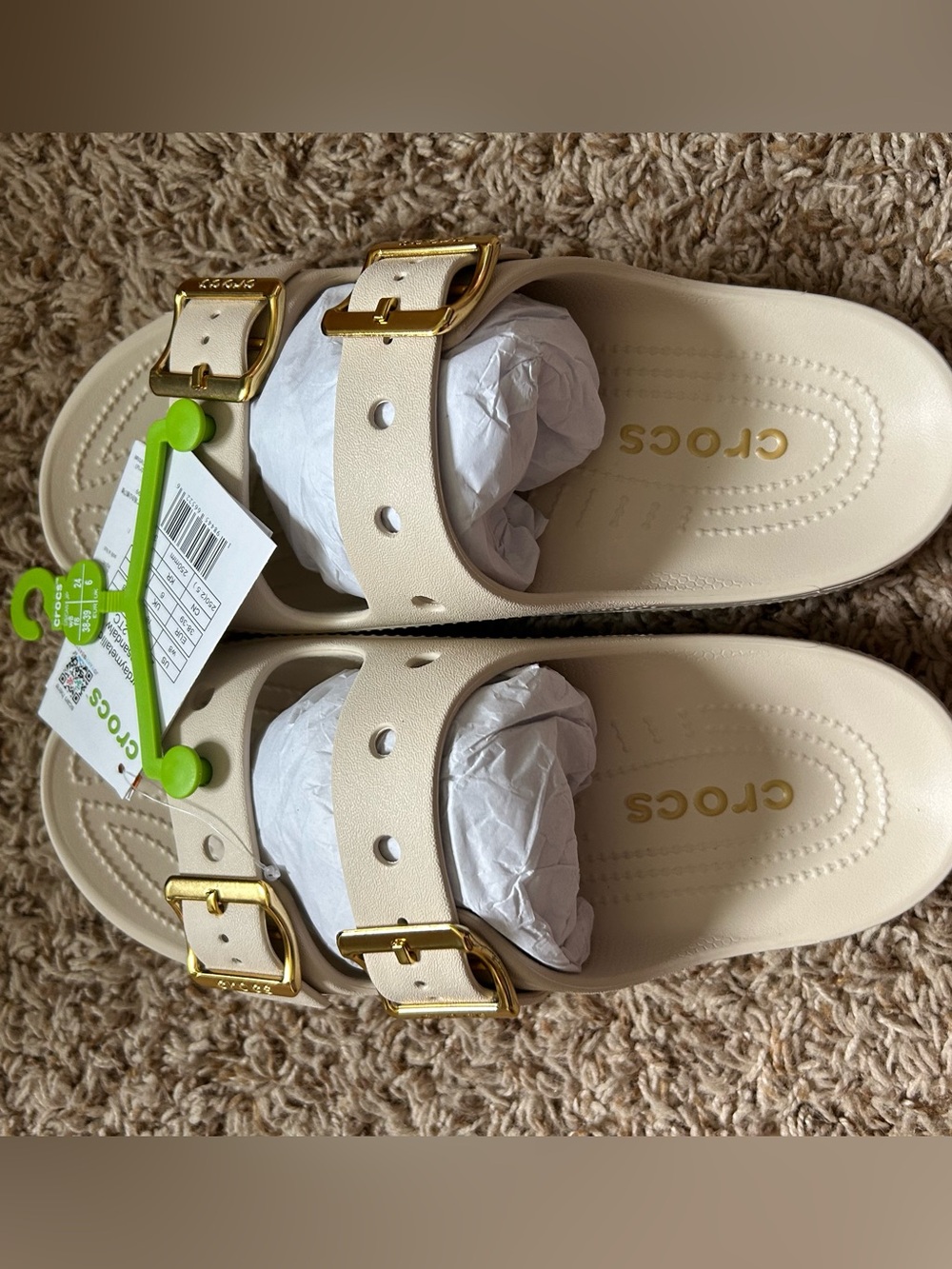 CROCS Double-Buckle Slide Sandals in Frappe with Gold Hardware